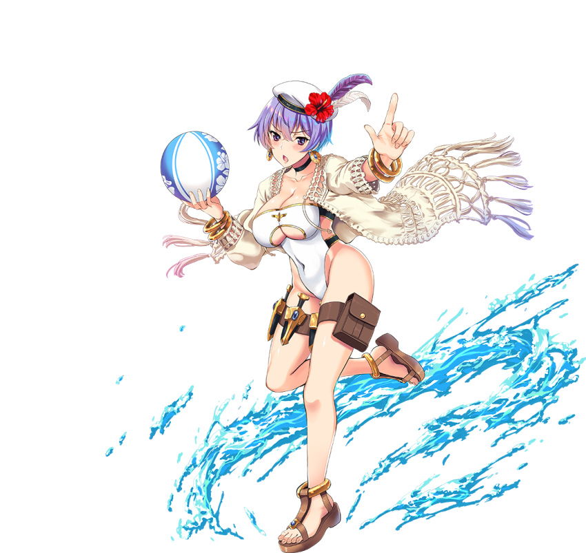 awakening_(sennen_sensou_aigis) ball beachball bracelet breasts choker cleavage covered_navel earrings eyebrows_visible_through_hair feathers flower hair_between_eyes hat hat_feather hat_flower highleg highleg_swimsuit jewelry kunai large_breasts leona_(sennen_sensou_aigis) one-piece_swimsuit platform_footwear pouch purple_eyes purple_hair sandals sennen_sensou_aigis swimsuit underboob underboob_cutout water weapon