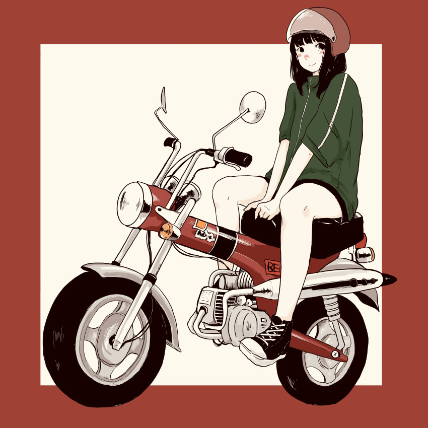 1girl absurdres between_legs black_hair blush_stickers ground_vehicle hand_between_legs helmet highres light_smile medium_hair motor_vehicle motorcycle motorcycle_helmet original shoes sitting sneakers solo square tamagotake