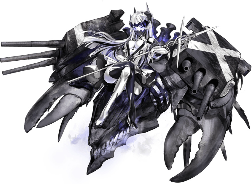 1girl blue_eyes breasts crossed_legs hair_ornament kantai_collection lobster_claw long_hair machinery mask monster mouth_mask official_art pale_skin pointy_ears rigging shinkaisei-kan southern_battleship_new_hime staff star_(symbol) star_hair_ornament transparent_background turret weapon white_skin zeco