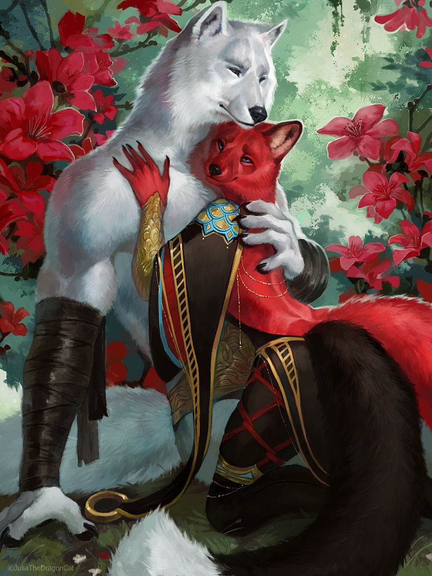 2020 3:4 5_fingers anthro black_nose blue_eyes canid canine canis clothed clothing day detailed_background digital_media_(artwork) female fingers fox fur hi_res juliathedragoncat male mammal outside red_body red_fur smile white_body white_fur wolf