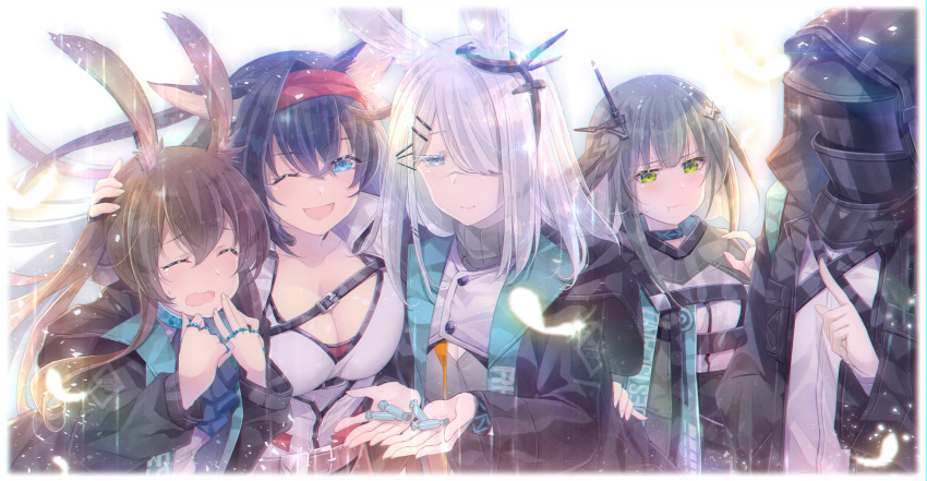 1other 4girls amiya_(arknights) animal_ears arknights bangs black_hair black_jacket blaze_(arknights) blue_eyes breasts brown_hair bunny_ears cat_ears choker cleavage closed_eyes commentary_request doctor_(arknights) eyebrows_visible_through_hair frostnova_(arknights) green_eyes green_hair greythroat_(arknights) hair_between_eyes hair_ornament hair_over_one_eye hairclip hand_on_another's_head highres jacket long_hair looking_at_viewer medium_breasts multiple_girls multiple_rings one_eye_closed open_clothes open_hands open_jacket open_mouth pout rain short_hair sidelocks silver_hair smile soukuu_kizuna sweatdrop swept_bangs