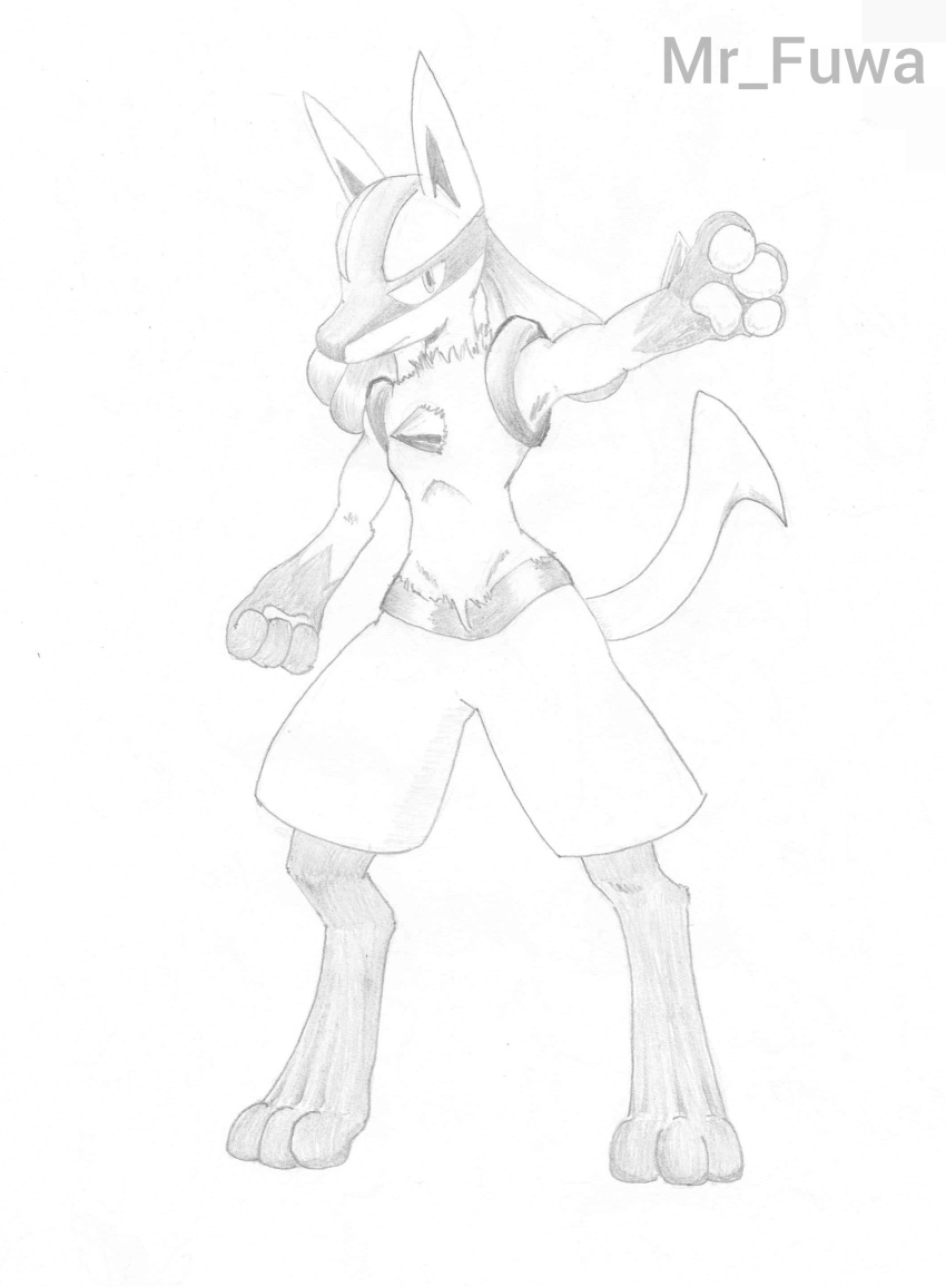 3_fingers 3_toes absurd_res anthro black_and_white canid canine digitigrade feet fingers fur gesture hi_res humanoid long_legs looking_at_another lucario male mammal monochrome mr_fuwa nintendo pawpads paws pointing pok&eacute;mon pok&eacute;mon_(species) raised_arm raised_tail simple_background slim solo standing tagme toes video_games