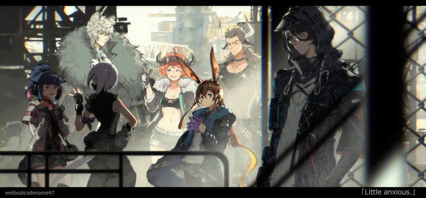 3boys 4girls amiya_(arknights) animal_ears arknights bodyguard bunny_ears cat_ears closed_eyes coat codename47 cow_horns cravat croissant_(arknights) doctor_(arknights) ferret_ears highres hood horns jessica_(arknights) leopard_ears male_doctor_(arknights) mask matterhorn_(arknights) mouth_mask multiple_boys multiple_girls ninja shirayuki_(arknights) silverash_(arknights)