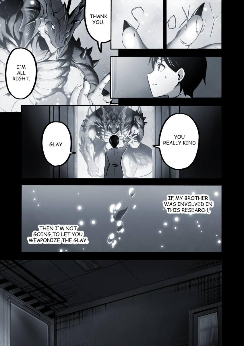 anthro clothing comic containment_tube edit english_text female glay_(layer) hard_translated hi_res human laboratory layer_(artist) male mammal manga marine monochrome muscular muscular_male paper reptile scalie size_difference stasis_chamber text translated yuka_(layer)