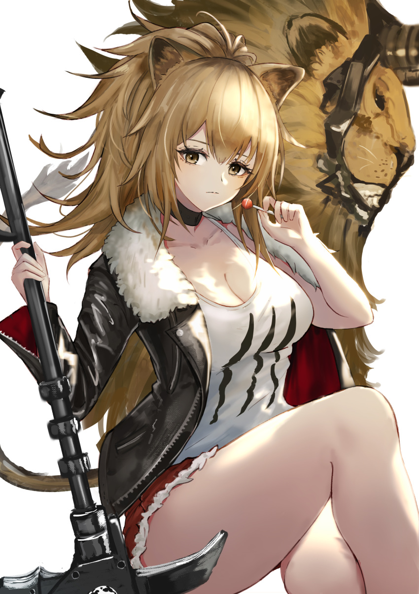 1girl absurdres animal_ears arknights bangs black_jacket breasts brown_eyes brown_hair candy cleavage commentary cutoffs feet_out_of_frame food fur-trimmed_jacket fur_trim hammer hands_up highres holding holding_food holding_hammer holding_weapon jacket kuguiema large_breasts lion lion_ears lollipop long_hair long_sleeves looking_at_viewer open_clothes open_jacket red_shorts short_shorts shorts siege_(arknights) simple_background sitting tank_top thighs weapon white_background white_tank_top