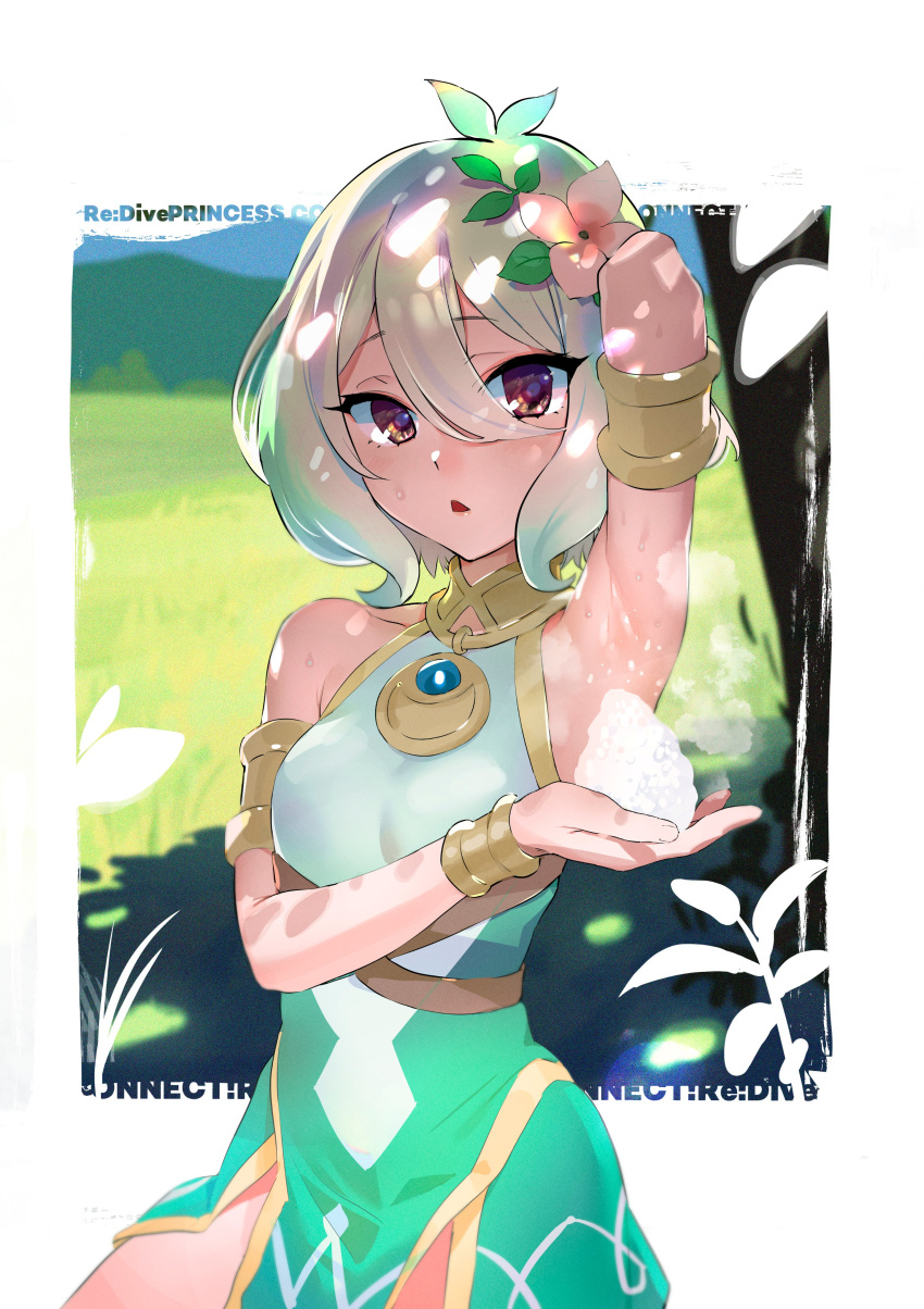 1girl absurdres antenna_hair arm_up armpit_onigiri armpits bangs blush breasts copyright_name dress eyebrows_visible_through_hair flower food grass green_dress hair_between_eyes hair_flower hair_ornament highres holding holding_food kitou_sakeru kokkoro_(princess_connect!) open_mouth princess_connect! princess_connect!_re:dive purple_eyes rice short_hair sleeveless small_breasts solo sweat white_hair