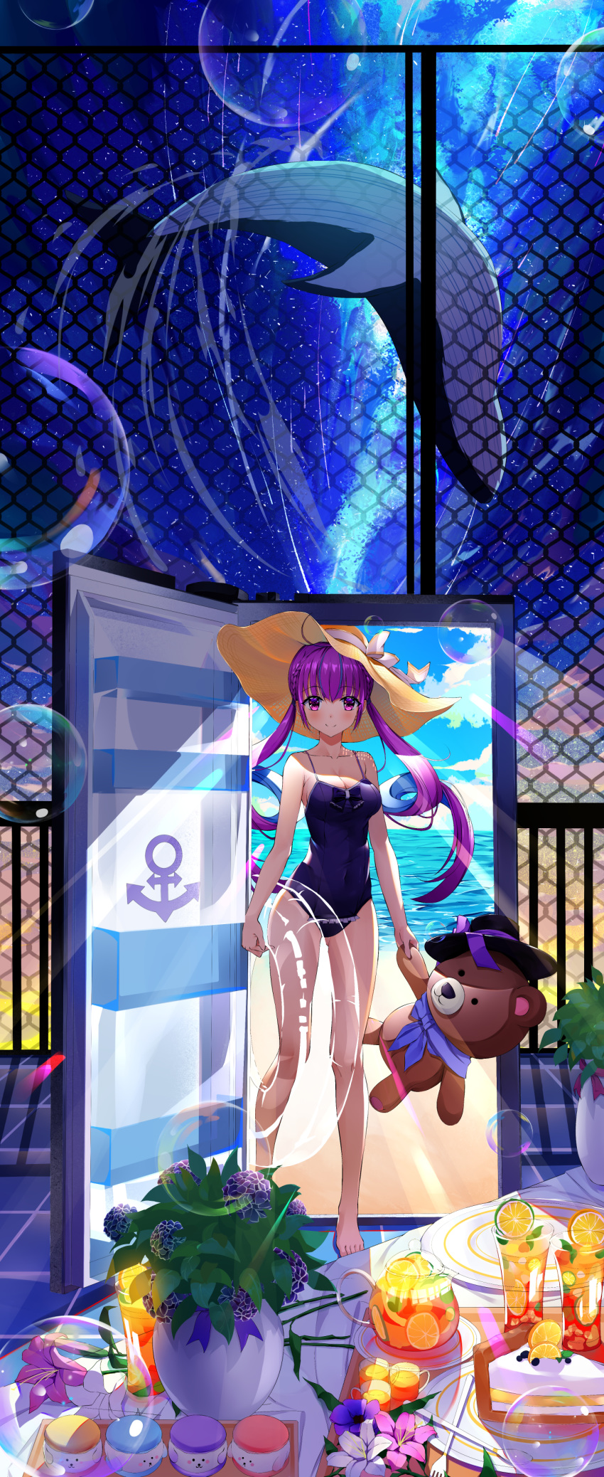1girl absurdres ahoge anchor_symbol bangs bare_shoulders barefoot beach black_headwear blue_sky blue_swimsuit blush breasts cake chain-link_fence cleavage cloud cloudy_sky collarbone commentary_request cqingwei day eyebrows_visible_through_hair fence flower food fork fruit glass hat hat_ribbon highres holding holding_innertube holding_stuffed_animal hololive indoors innertube large_breasts lemon lemon_slice long_hair looking_at_viewer minato_aqua multicolored_hair ocean open_door pink_flower plant plate purple_eyes purple_flower purple_hair ribbon sky smile solo spoon standing star_(sky) starry_background starry_sky stuffed_animal stuffed_toy sun_hat swimsuit teddy_bear two-tone_hair vase virtual_youtuber whale white_flower white_ribbon