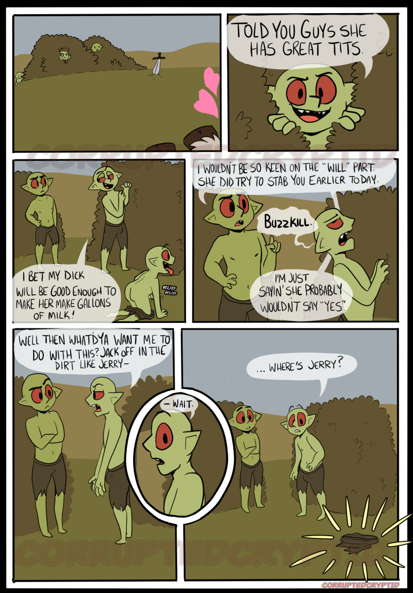 &lt;3 black_border border comic comic_page corruptedcryptid dialogue diolouge english_text erection genitals goblin green_body green_skin group hi_res humanoid humanoid_genitalia male masturbation not_furry open_mouth penis simple_background speech_bubble text