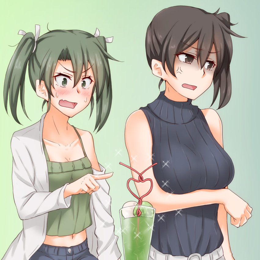 2girls anti_(untea9) blush brown_hair collarbone crazy_straw dark_green_hair drinking_straw green_eyes hair_ribbon heart_straw highres japanese_clothes kaga_(kantai_collection) kantai_collection long_hair multiple_girls open_mouth ribbon side_ponytail sweat sweater turn_pale turtleneck turtleneck_sweater twintails zuikaku_(kantai_collection)