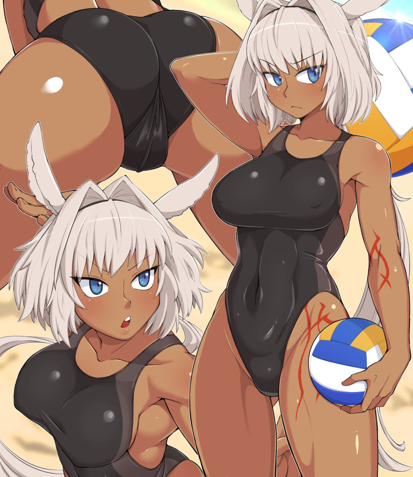 1girl ass black_swimsuit blue_eyes body_markings breasts caenis_(fate) competition_swimsuit covered_navel covered_nipples dark_skin fate/grand_order fate_(series) hair_intakes highres kurozu_(crozu) large_breasts looking_at_viewer one-piece_swimsuit ponytail ponytail_holder swimsuit tattoo volleyball white_hair