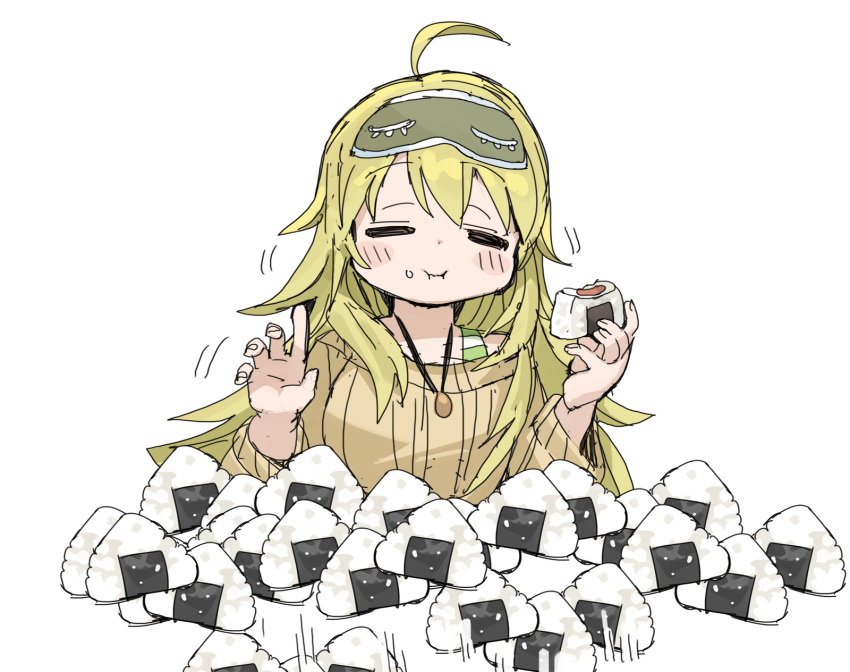 1girl ahoge blonde_hair brown_sweater closed_eyes closed_mouth eating eye_mask food food_on_face highres holding holding_food hoshii_miki idolmaster idolmaster_(classic) jewelry livestream long_hair messy_hair necklace onigiri rice rice_on_face showroom_(site) simple_background sketch solo spawnfoxy sweater thrown_food upper_body white_background