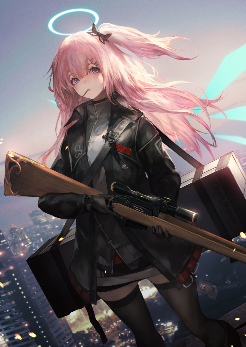 1girl absurdres ambriel_(arknights) arknights black_choker black_gloves black_jacket black_legwear bolt_action case choker cityscape day dutch_angle food gloves grey_shirt gun hair_ornament hairclip halo highres holding holding_gun holding_weapon jacket lee-enfield long_hair long_sleeves looking_away miniskirt mouth_hold one_side_up open_clothes open_jacket outdoors pink_hair pocky purple_eyes rifle rooftop scope shirataki_jiro shirt skirt sniper_rifle solo standing strap thighhighs weapon wings zettai_ryouiki