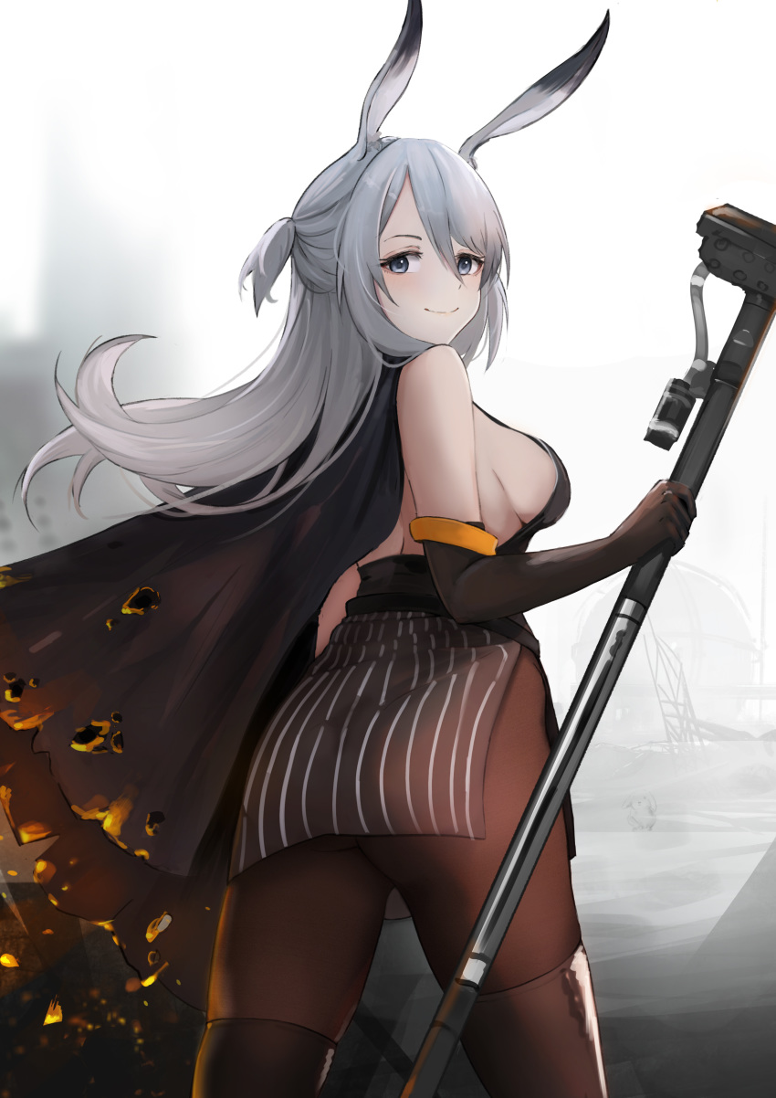 1girl absurdres animal_ears arknights ass backless_dress backless_outfit bangs bare_shoulders black_cape black_dress black_gloves boots breasts brown_legwear bunny_ears cape commentary cowboy_shot dress elbow_gloves from_behind gloves grey_eyes hair_between_eyes hammer highres holding holding_hammer holding_weapon kuguiema long_hair looking_at_viewer looking_back medium_breasts one_side_up pantyhose savage_(arknights) short_dress side_slit silver_hair sleeveless sleeveless_dress smile solo standing thigh_boots thighhighs thighs weapon