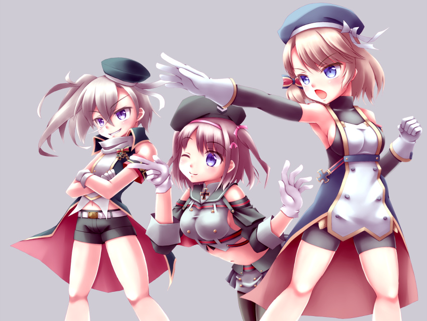 3girls ;) arm_warmers armband asymmetrical_hair azur_lane bangs bare_shoulders bare_thighs beret black_headwear black_sailor_collar black_shorts black_skirt blush bodysuit_under_clothes bow breasts brown_hair buttons clenched_hand collared_shirt commentary_request covered_collarbone cowboy_shot crop_top crossed_arms crossed_bangs eyebrows_visible_through_hair gloves grapefruit_spoon grey_background hair_between_eyes hair_bow hair_ornament hair_ribbon hairband hat highres iron_cross leaning_forward light_brown_hair looking_to_the_side medium_breasts medium_hair midriff multiple_girls navel one_eye_closed one_side_up open_mouth outstretched_arm pantyhose pink_hairband pink_ribbon purple_eyes ribbon sailor_collar shirt short_hair short_shorts shorts shoulder_cutout sideboob sidelocks silver_hair simple_background skirt sleeveless small_breasts smile smirk standing striped striped_bow taut_clothes two_side_up v waistcoat white_gloves z1_leberecht_maass_(azur_lane) z23_(azur_lane) z35_(azur_lane)