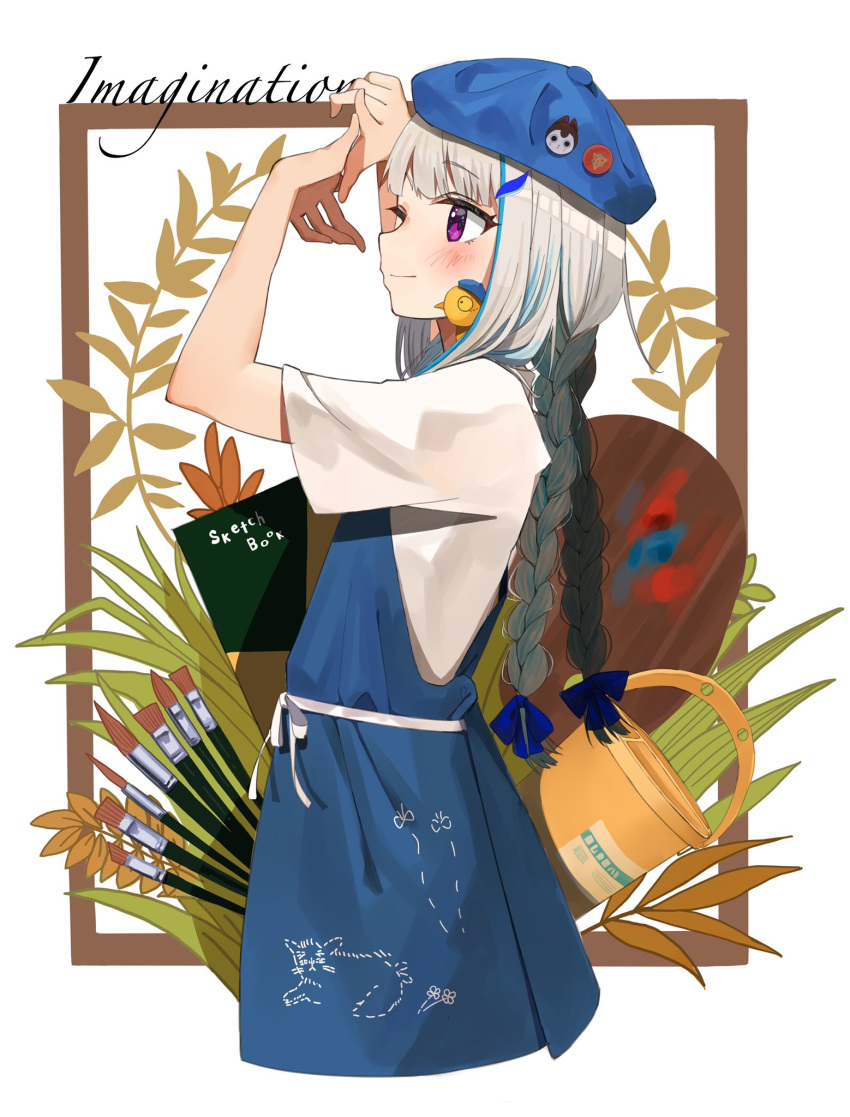 1girl apron beret blue_bow blue_headwear blush border bow braid bug butterfly cat english_text facing_to_the_side finger_frame gesture grass hair_bow hat highres insect lize_helesta multicolored_hair nijisanji paint_can paintbrush palette pins plant purple_eyes sen_(sennosenn1127) sketchbook solo streaked_hair string_belt twin_braids white_hair