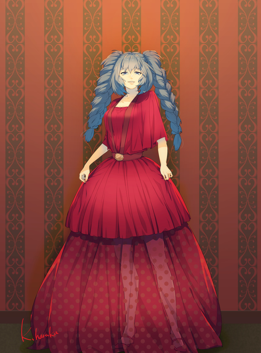 1girl absurdres artist_name bangs blue_eyes blue_hair braid breasts commentary_request dress eyebrows_visible_through_hair highres indoors kazamidori_haruka long_dress long_hair looking_at_viewer medium_breasts red_dress red_footwear see-through_dress shoes smile solo tokyo_ghoul twin_braids twintails yonebayashi_saiko