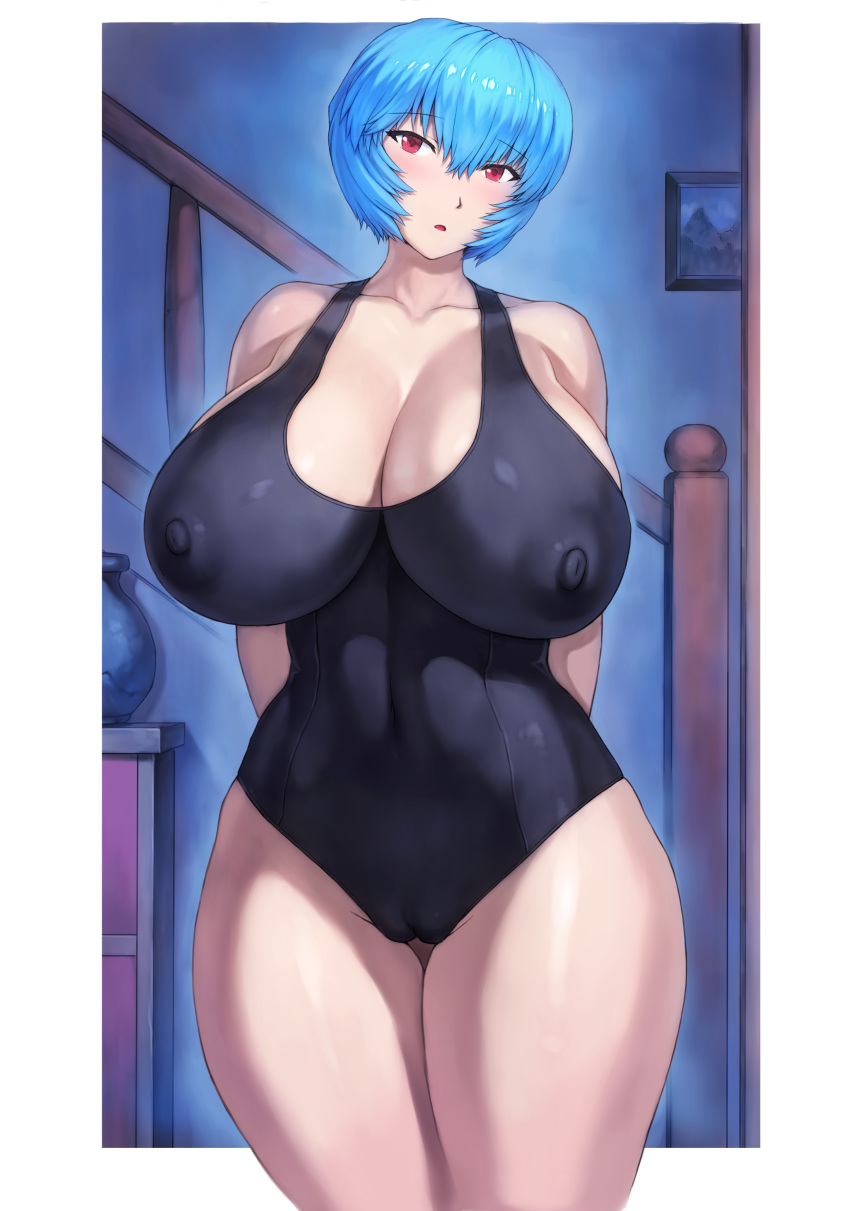 1girl absurdres arms_behind_back ayanami_rei black_swimsuit blue_hair blush breasts cameltoe covered_navel covered_nipples highres huge_breasts impossible_clothes impossible_swimsuit indoors looking_at_viewer mogudan neon_genesis_evangelion open_mouth puffy_nipples red_eyes school_swimsuit shiny shiny_hair shiny_skin short_hair solo standing swimsuit thick_thighs thighs