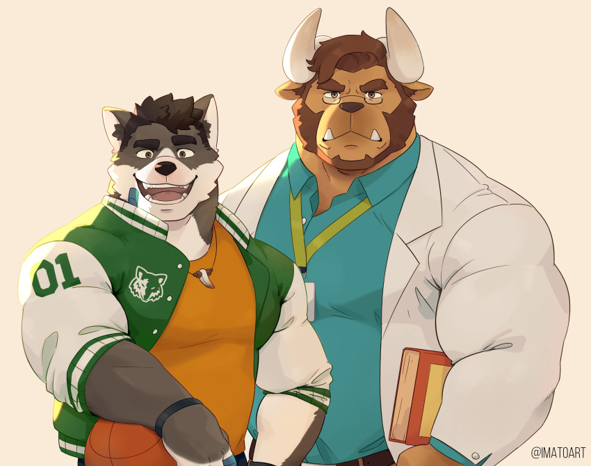 absurd_res anthro ball basketball_(ball) book bovid bovine canid canine canis cattle clothing domestic_dog duo eyewear glasses hi_res imato jacket male male/male mammal topwear