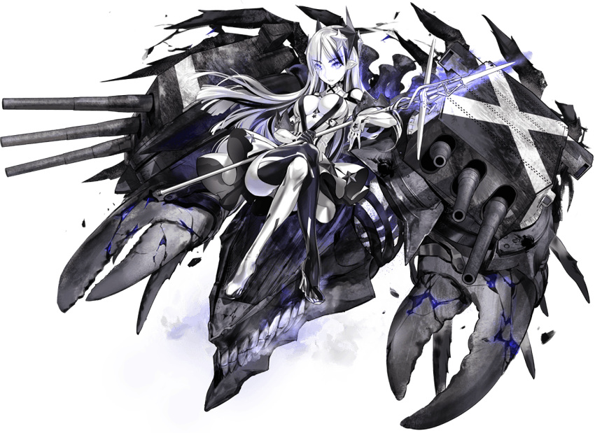 1girl blue_eyes breasts crossed_legs hair_ornament kantai_collection lobster_claw long_hair machinery monster official_art pale_skin pointy_ears rigging shinkaisei-kan southern_battleship_new_hime staff star_(symbol) star_hair_ornament transparent_background turret weapon white_skin zeco