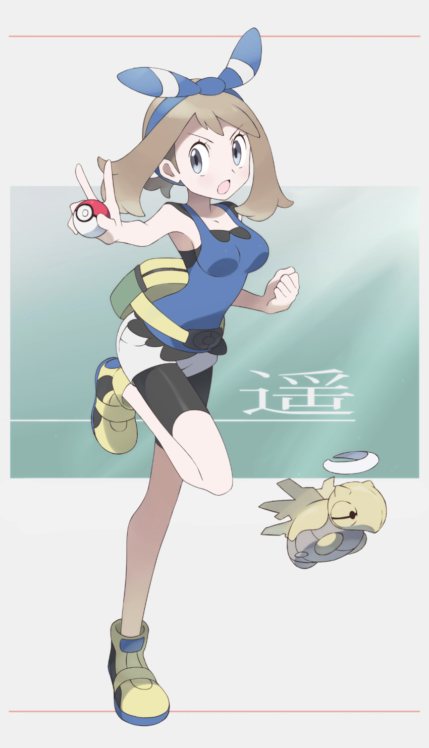 1girl alternate_costume bag bangs bike_shorts bike_shorts_under_shorts blue_hairband blue_tank_top breasts brown_hair clenched_hand commentary_request eyelashes full_body gen_3_pokemon grey_eyes hairband haruka_(pokemon) highres holding holding_poke_ball leg_up looking_to_the_side medium_hair nomura_(buroriidesu) open_mouth poke_ball poke_ball_(basic) pokemon pokemon_(creature) pokemon_(game) pokemon_oras shedinja shorts tank_top v white_shorts yellow_bag yellow_footwear