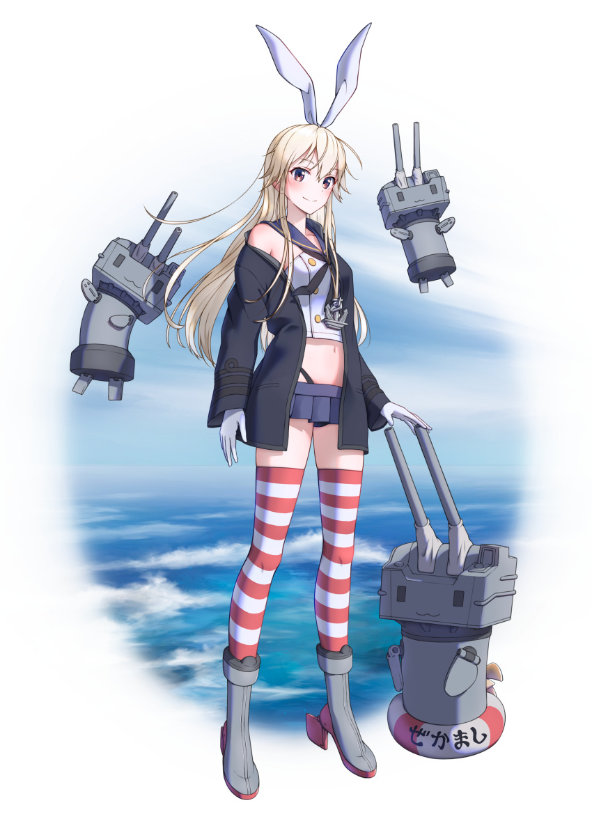 1girl absurdres black_neckwear black_panties blonde_hair blue_sailor_collar blue_skirt blush brown_eyes crop_top gloves hair_between_eyes highleg highleg_panties highres kantai_collection long_hair long_sleeves microskirt midriff navel neckerchief ocean panties pleated_skirt rankebu rensouhou-chan revision sailor_collar school_uniform serafuku shimakaze_(kantai_collection) skirt smile solo striped striped_legwear thighhighs underwear white_gloves