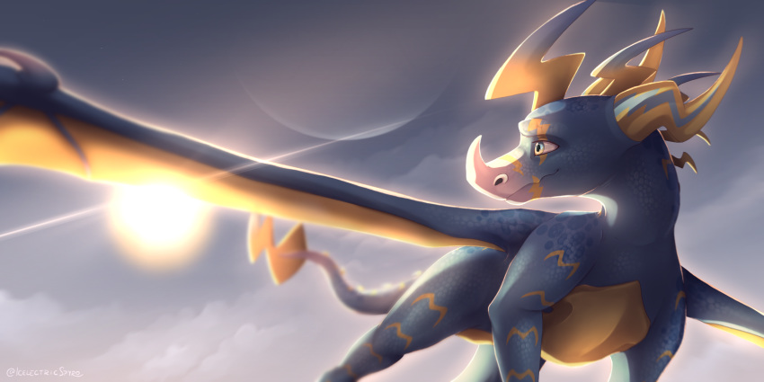 2020 2:1 blue_body blue_eyes blue_scales claws day detailed_background digital_media_(artwork) dragon hi_res horn icelectricspyro lens_flare membrane_(anatomy) membranous_wings multicolored_body outside scales scalie sky smile spines sun western_dragon wings