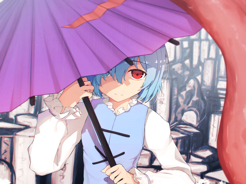 1girl abstract_background absurdres bangs blue_eyes blue_hair blue_vest closed_mouth collared_shirt commentary_request eyebrows_visible_through_hair frilled_sleeves frills hair_between_eyes hair_over_one_eye hands_up heterochromia highres holding holding_umbrella juliet_sleeves karakasa_obake long_sleeves long_tongue oriental_umbrella popped_collar puffy_sleeves red_eyes senzaicha_kasukadoki shirt short_hair smile solo tatara_kogasa tongue touhou umbrella upper_body vest white_shirt