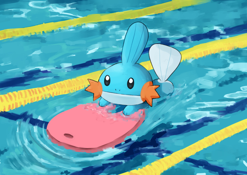 afloat closed_mouth commentary_request gen_3_pokemon kickboard lane_line mudkip pokemon pokemon_(creature) pool ripples sawasamesuke solo splashing swimming water