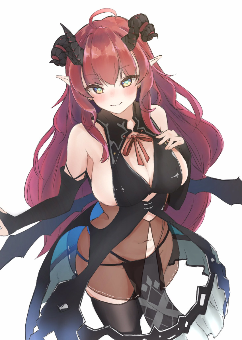 1girl ahoge bangs bare_shoulders black_legwear black_panties black_wings blush breasts bridal_gauntlets cleavage closed_mouth commentary_request curled_horns demon_horns eyebrows_visible_through_hair hand_on_own_chest heart heart-shaped_pupils highres horns large_breasts long_hair looking_at_viewer magrona magrona_channel navel panties pointy_ears red_hair red_ribbon ribbon simple_background smile solo symbol-shaped_pupils thighhighs underwear virtual_youtuber white_background wings zamari_(zashiki_warashi)