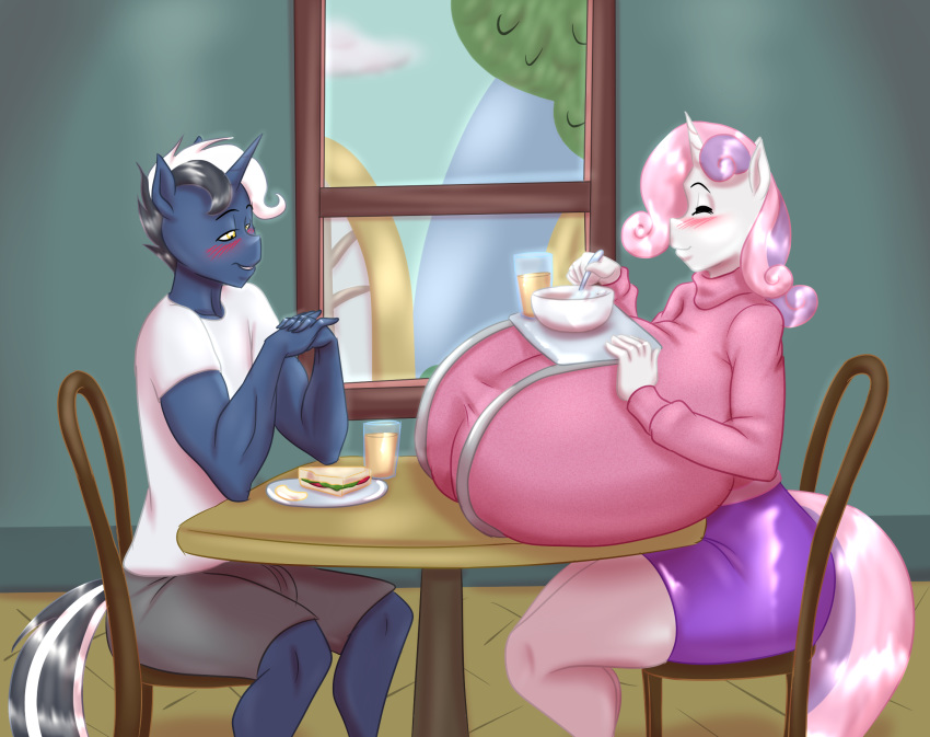 anthro anthrofied big_breasts blues64 blush breasts chair duo equid equine eyes_closed female food friendship_is_magic furniture hi_res horn huge_breasts hyper hyper_breasts inside looking_at_breasts male mammal marauder6272 my_little_pony sandwich_(food) sitting sweetie_belle_(mlp) table unicorn window