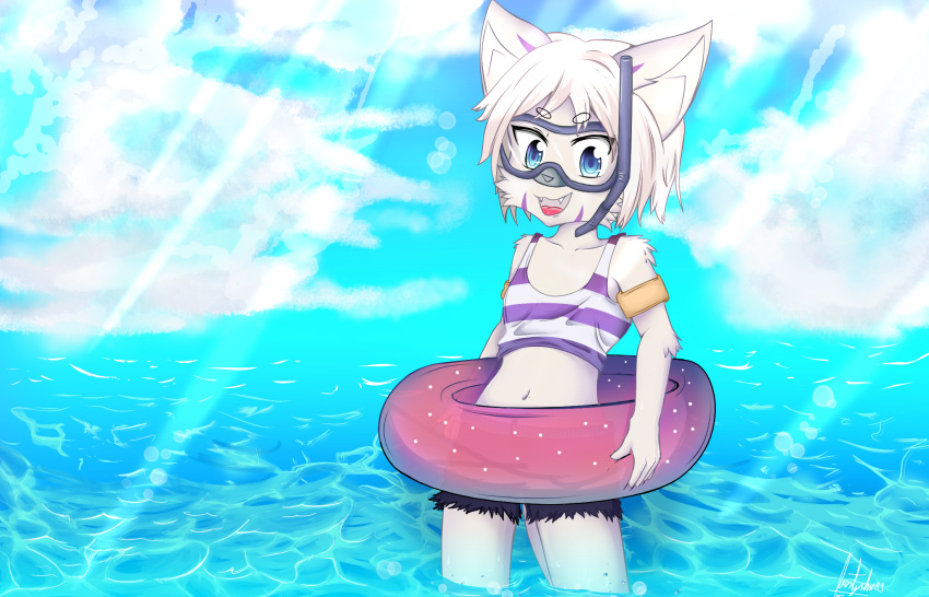 anthro beach bikini clothed clothing detailed_background fur hair hi_res humanoid looking_at_viewer male open_mouth seaside sky smile solo swimwear tfrost89 water