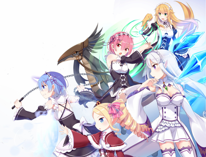 5girls bangs bare_shoulders blonde_hair blue_eyes blue_hair blue_ribbon blunt_bangs braid breasts character_request cleavage commentary_request detached_sleeves dress drill_hair emilia_(re:zero) flower frederica_baumann french_braid from_side gem green_eyes hair_flower hair_ornament hair_over_one_eye hair_ribbon holding holding_weapon lavender_hair long_hair long_sleeves maid maid_dress maid_headdress miniskirt multiple_girls nemu_mohu oni open_mouth pink_eyes pink_hair pleated_skirt pointy_ears purple_eyes ram_(re:zero) re:zero_kara_hajimeru_isekai_seikatsu rem_(re:zero) ribbon roswaal_mansion_maid_uniform short_hair siblings silver_hair simple_background sisters skirt smile thighhighs twin_drills twins weapon white_background white_dress white_legwear x_hair_ornament