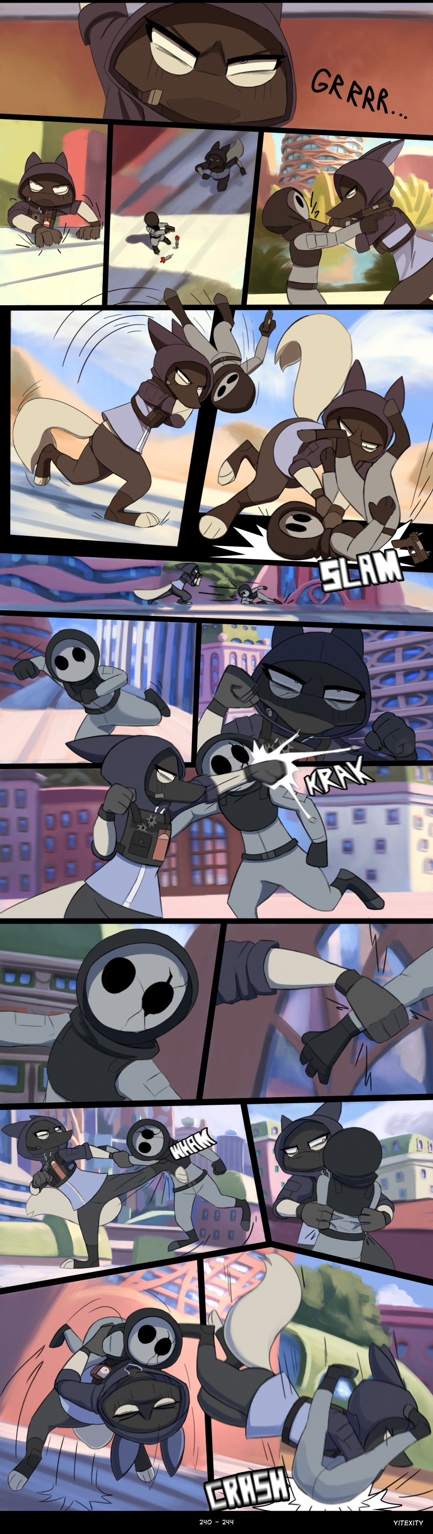 2020 absurd_res ambiguous_gender anthro balaclava better_version_at_source black_bars bulletproof_vest canid canine clothed clothing comic dart dialogue disney duo english_text fan_character fight fox gloves handwear hi_res hood hoodie kick letterbox mammal mask motion_lines omega_(yitexity) outside punch skye_(zootopia) sound_effects speech_bubble suplex text toeless_shoes topwear train tranquilizer vehicle yitexity zootopia