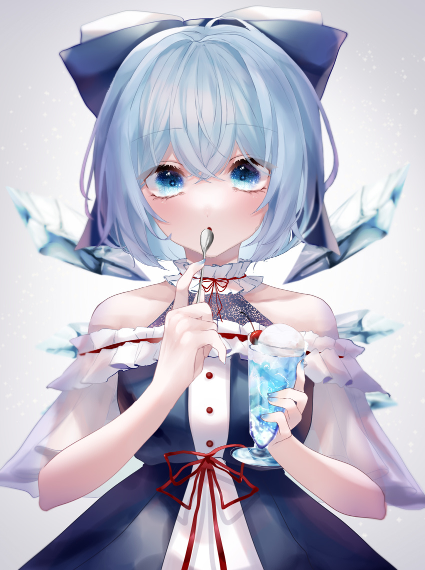 1girl :o alternate_costume bangs bare_shoulders blue_bow blue_dress blue_eyes blue_hair blue_nails blush bow choker cirno commentary_request dress eyebrows_visible_through_hair food frilled_choker frills gradient gradient_background grey_background hair_between_eyes hair_bow hand_up highres holding holding_food holding_spoon ice ice_cream ice_cube ice_wings light_particles looking_at_viewer nail_polish neck_ribbon off-shoulder_dress off_shoulder red_ribbon ribbon sash see-through short_hair solo spoon spoon_in_mouth touhou upper_body wide_sleeves wings yukia_(yukia_777)