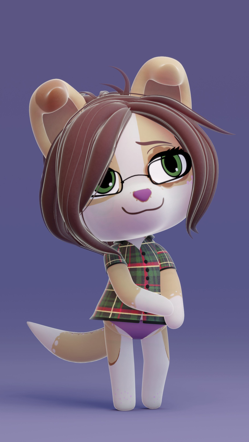 3d_(artwork) 9:16 absurd_res animal_crossing anthro canid canine canis clothing digital_media_(artwork) dimmi_(character) dipstick_tail domestic_dog eyewear fan_character female glasses hi_res kekitopu mammal multicolored_tail nintendo panties pattern_clothing plaid plaid_clothing plaid_shirt simple_background solo underwear video_games