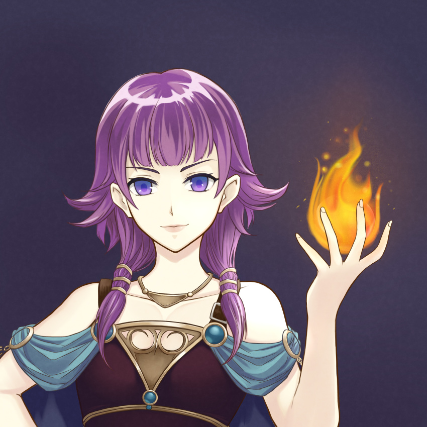 1girl absurdres bangs bare_shoulders dakkalot ears expressionless fire fire_emblem fire_emblem:_the_sacred_stones fire_emblem_heroes fireball gold_trim highres jewelry looking_at_viewer lute_(fire_emblem) necklace purple_eyes purple_hair simple_background upper_body