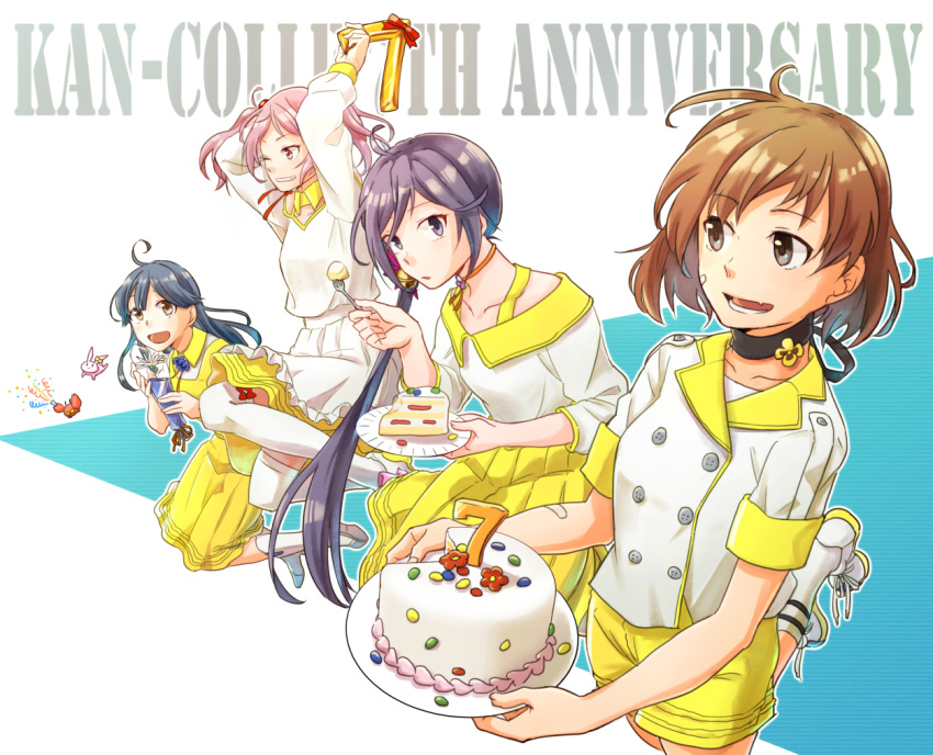 4girls ahoge akebono_(kantai_collection) anniversary bandaid bandaid_on_face bell black_hair boots brown_eyes brown_hair cake copyright_name crab dress flower food hair_bell hair_bobbles hair_flower hair_ornament kantai_collection long_hair multiple_girls oboro_(kantai_collection) pink_eyes pink_hair pleated_skirt purple_eyes purple_hair sazanami_(kantai_collection) shakeda_mamoshirou short_hair shorts side_ponytail skirt slice_of_cake smile teeth twintails ushio_(kantai_collection) very_long_hair white_dress yellow_dress yellow_shorts yellow_skirt