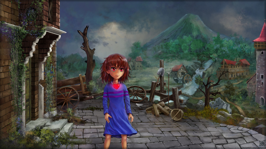 1girl absurdres blue_dress depressed dress frisk_(undertale) heart highres ivy landscape limfoman mountain ruins scenery self_upload striped twilight undertale watermill