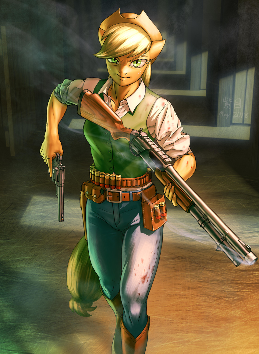 2018 absurd_res ammo_belt ammunition angry anthro anthrofied applejack_(mlp) blonde_hair blood blood_splatter bodily_fluids boots bottomwear clothing female footwear freckles friendship_is_magic fur green_eyes gun hair handgun hasbro hat hay headgear headwear hi_res holding_object holding_weapon jeans murskme my_little_pony orange_body orange_fur pants pouch_(disambiguation) ranged_weapon revolver shotgun signature smoke solo topwear weapon