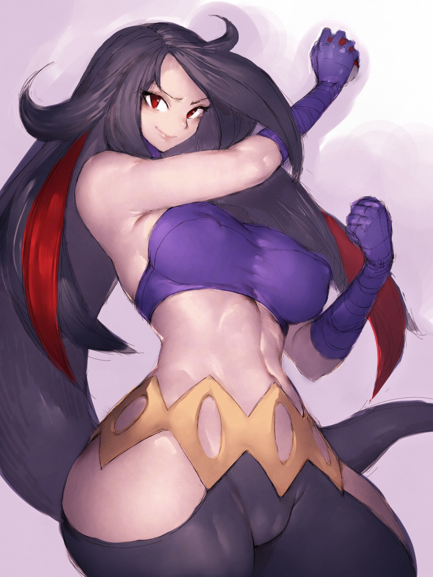 1girl azami_(pokemon) bare_shoulders black_hair breasts cameltoe covered_nipples curvy fumio_(rsqkr) gloves highres large_breasts long_hair looking_at_viewer multicolored_hair pink_background pokemon pokemon_(game) pokemon_rse red_eyes red_hair simple_background smile solo thick_thighs thighs two-tone_hair very_long_hair