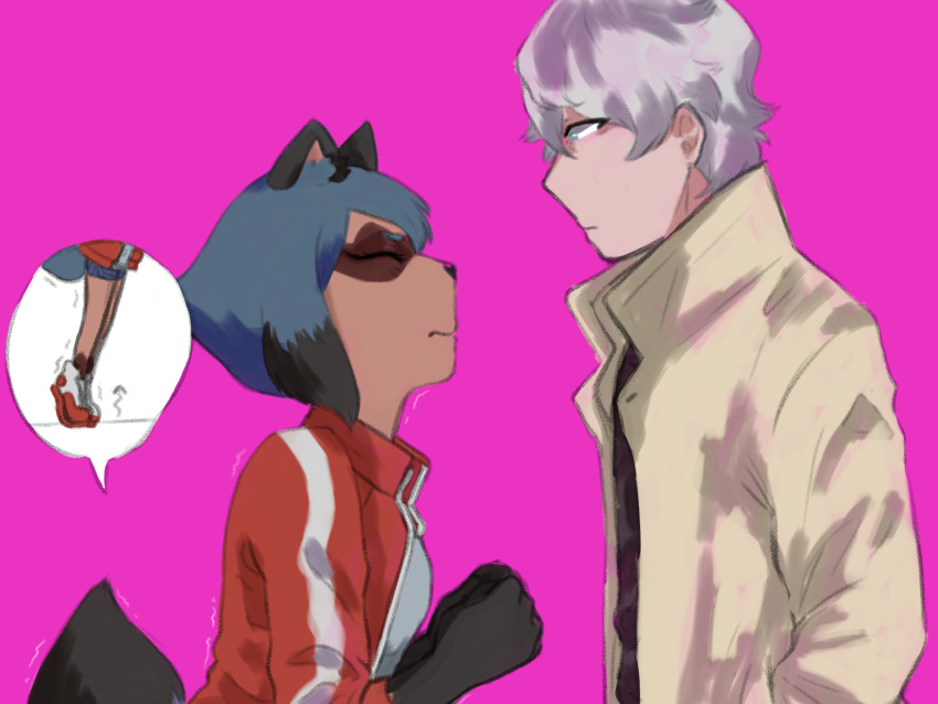 2020 4:3 anthro black_body black_fur black_hair black_nose blue_body blue_hair brand_new_animal brown_body brown_fur canid canine clothed clothing duo female fluffy fluffy_tail fur hair hi_res human imminent_kiss jacket leaning leaning_forward male mammal michiru_kagemori multicolored_body multicolored_hair pink_background raccoon_dog shirou_ogami simple_background studio_trigger tanuki topwear xat_at1990s