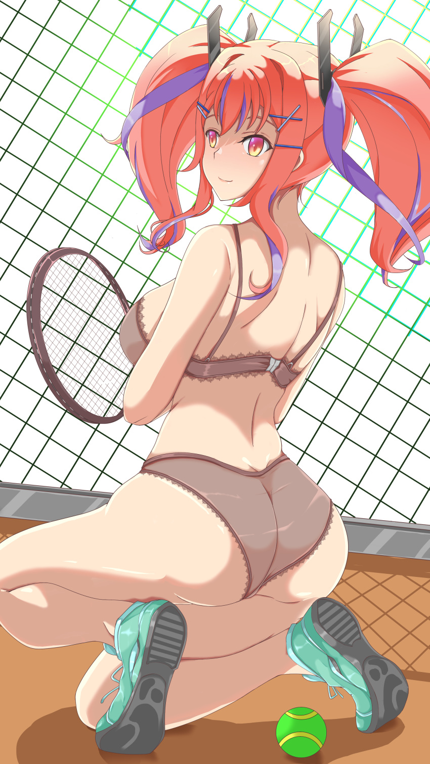 1girl absurdres ass azur_lane back ball bangs bare_shoulders black_bra black_panties bra breasts bremerton_(azur_lane) bremerton_(scorching-hot_training)_(azur_lane) chain-link_fence closed_mouth fence green_footwear hair_ornament headgear highres holding_racket lace large_breasts multicolored_hair one_knee orange_eyes orange_hair panties purple_hair racket see-through shoes sideboob sidelocks smile sneakers squatting streaked_hair tennis_ball tennis_court tennis_racket thighs twintails underwear x_hair_ornament zhu_guan_ye