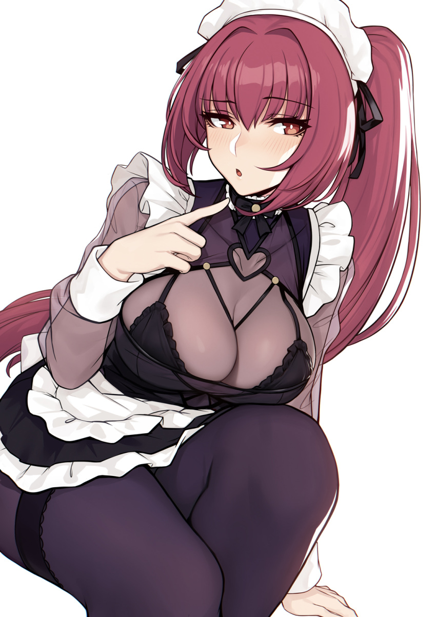 1girl apron bangs black_skirt blush bodysuit breasts cleavage evan_yang fate/grand_order fate_(series) frills hair_intakes highres large_breasts long_hair looking_at_viewer maid maid_headdress open_mouth ponytail purple_hair red_eyes scathach_(fate)_(all) scathach_(fate/grand_order) see-through sheer_clothes simple_background sitting skirt thighs waist_apron white_apron white_background