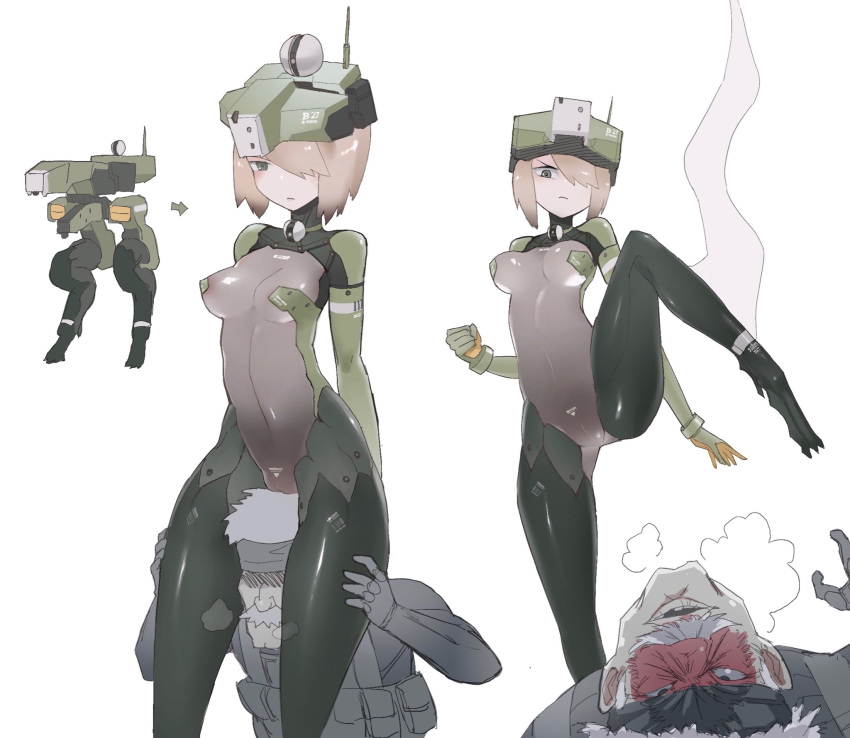 angry between_thighs bigsharkuncle blonde_hair blush breasts cameltoe character_request facial_hair heavy_breathing highres mecha_musume medium_breasts metal_gear_(series) metal_gear_solid_4 mustache old_snake personification short_hair steaming_body
