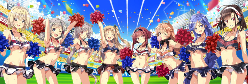 6+girls ahoge alternate_costume american_flag american_flag_print arm_up armpits arms_up azur_lane bangs bare_shoulders bataan_(azur_lane) biloxi_(azur_lane) birmingham_(azur_lane) black_skirt blonde_hair blue_eyes blue_hair blue_hairband blue_shirt blush braid breasts brown_hair bubble_blowing character_name cheering cheerleader chewing_gum cleavage cleveland_(azur_lane) closed_eyes clothes_writing cloud collarbone columbia_(azur_lane) commentary_request cowboy_shot crop_top crop_top_overhang day denver_(azur_lane) eyebrows_visible_through_hair eyes_visible_through_hair flag_print hair_between_eyes hair_ears hairband headband headphones headphones_around_neck holding holding_pom_poms independence_(azur_lane) long_braid long_hair looking_at_viewer macaroni_hourensou medium_breasts midriff miniskirt montpelier_(azur_lane) multiple_girls navel no_bra one_eye_closed one_side_up open_mouth outdoors panties pantyshot pleated_skirt pom_poms purple_shirt purple_skirt red_eyes red_hair shirt short_hair short_hair_with_long_locks short_twintails side-tie_panties sidelocks silver_hair single_braid skirt sky sleeveless sleeveless_shirt slit_pupils small_breasts smile stadium standing sweat teeth tongue twintails underboob underwear very_long_hair white_panties white_shirt white_skirt