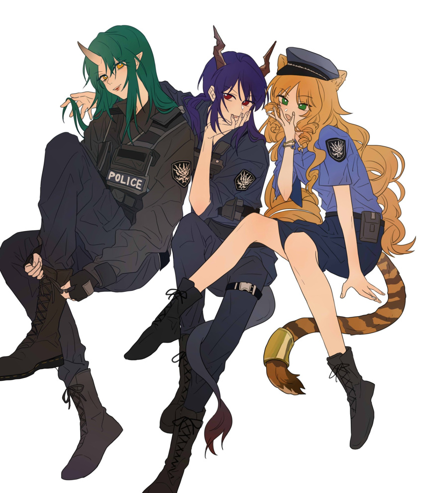 3girls alternate_costume animal_ears arknights blue_hair boots brown_hair ch'en_(arknights) dragon_horns dragon_tail drill_hair fingerless_gloves gloves green_hair hat highres horns hoshiguma_(arknights) latutou1 lgd_officer multiple_girls oni oni_horns pointy_ears police police_hat police_uniform policewoman single_horn skirt swat swire_(arknights) tactical_clothes tail tiger_ears tiger_tail twin_drills uniform vest