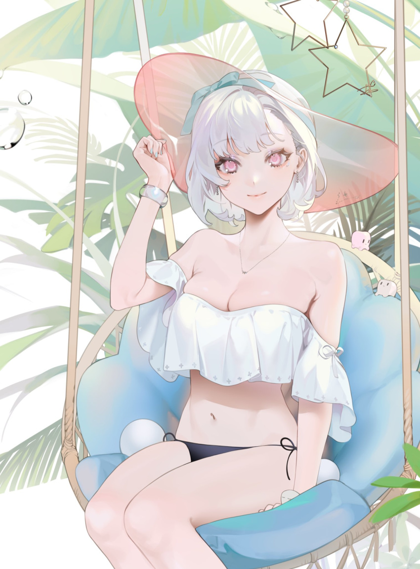 1girl bangs bare_shoulders bikini black_bikini breasts commentary_request eyebrows_visible_through_hair green_ribbon hand_on_headwear hanging_chair hat hat_ribbon highres jewelry looking_at_viewer nacchan_(ohisashiburi) navel necklace ohisashiburi original ribbon short_hair short_sleeves sitting smile solo star_(symbol) sun_hat swimsuit