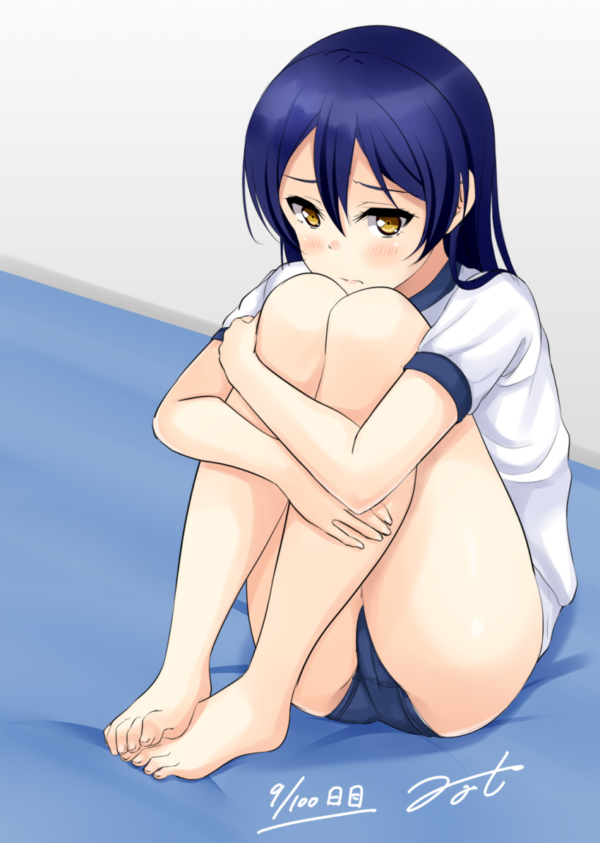 1girl barefoot blue_buruma blue_hair buruma commentary_request full_body gym_uniform highres hino_minato_(spec.c) long_hair love_live! love_live!_school_idol_project mat numbered panties panties_under_buruma panty_peek shirt signature sitting solo sonoda_umi t-shirt underwear white_shirt yellow_eyes