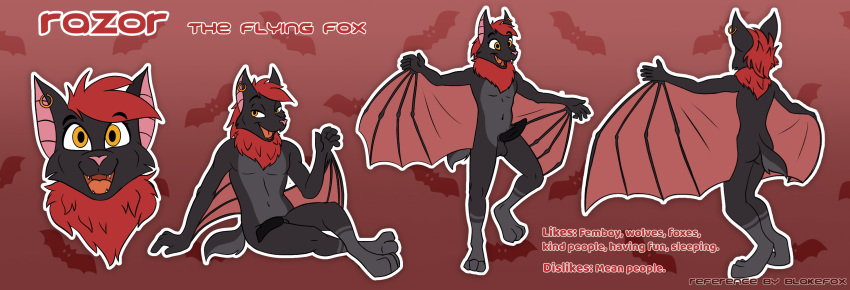 anthro black_body black_fur black_penis blakefox canid canine chiropteran english_text erection fox fur genitals grey_body grey_fur hair hi_res hybrid looking_at_viewer male mammal model_sheet neck_tuft penis razor_the_flying_fox-bat red_background red_body red_fur red_hair simple_background solo spread_wings standing text tongue tuft winged_arms wings yellow_eyes