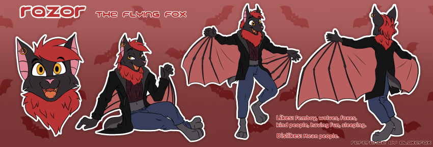 anthro black_body black_fur blakefox canid canine chiropteran clothed clothing english_text fox fur grey_body grey_fur hair hi_res hybrid jacket looking_at_viewer male mammal model_sheet neck_tuft razor_the_flying_fox-bat red_background red_body red_fur red_hair simple_background solo spread_wings standing text tongue topwear tuft winged_arms wings yellow_eyes